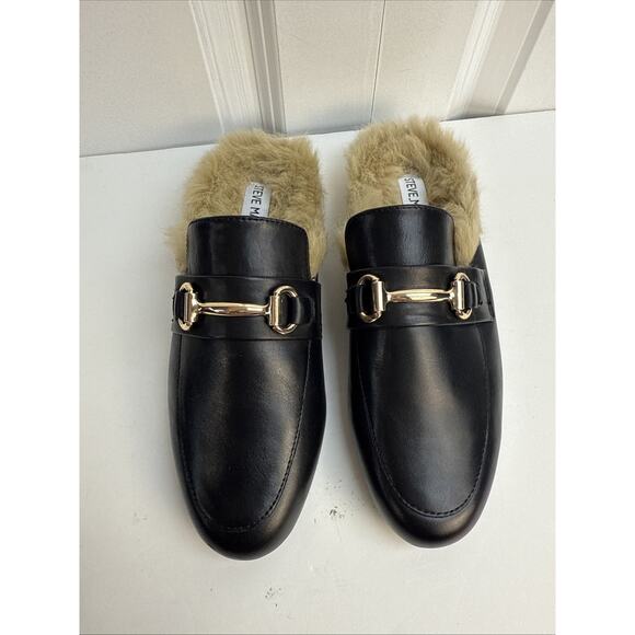 Steve Madden Women's Jill Black Leather Slides Fur Loafer Size 6.5 Shoe NWB - Picture 2 of 10